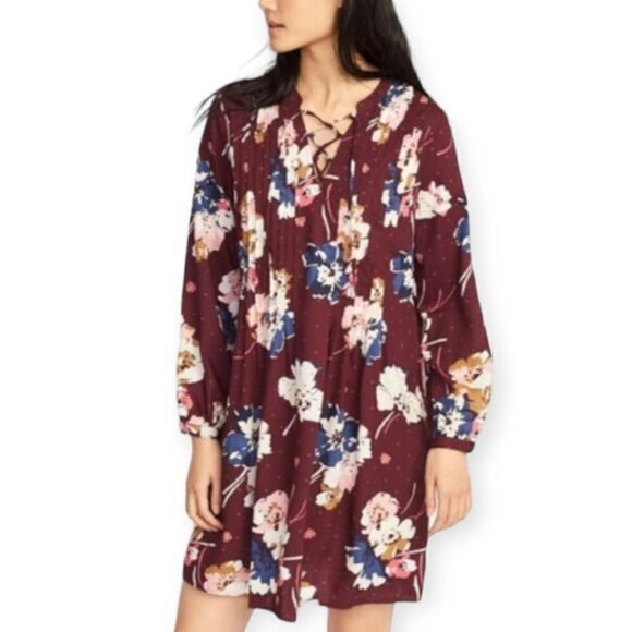 OLD NAVY BURGUNDY & BLUE, WHITE, & GOLD BOHO-INSPIRED FLORAL DRESS SZ.L NWT. - Picture 1 of 9